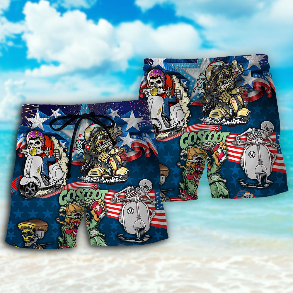 Scooter Skull Patriotic Beach Shorts Pattern Detail For Weekend Travel And Comfortable Daily Wear