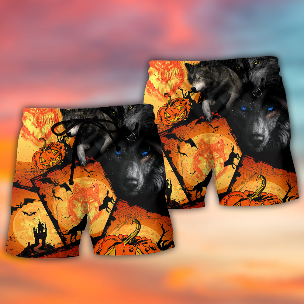 Wolf Pumpkin Halloween Beach Shorts Pattern Detail For Island Trips And Flexible Everyday Wear