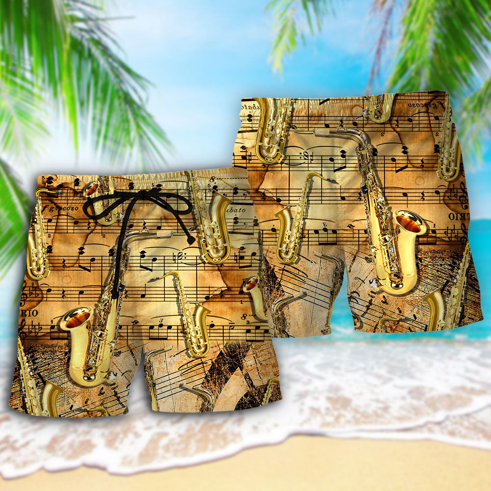 Golden Saxophone Retro Music Beach Shorts Pattern Detail For Relaxed Weekends And Bright Summer Outfits
