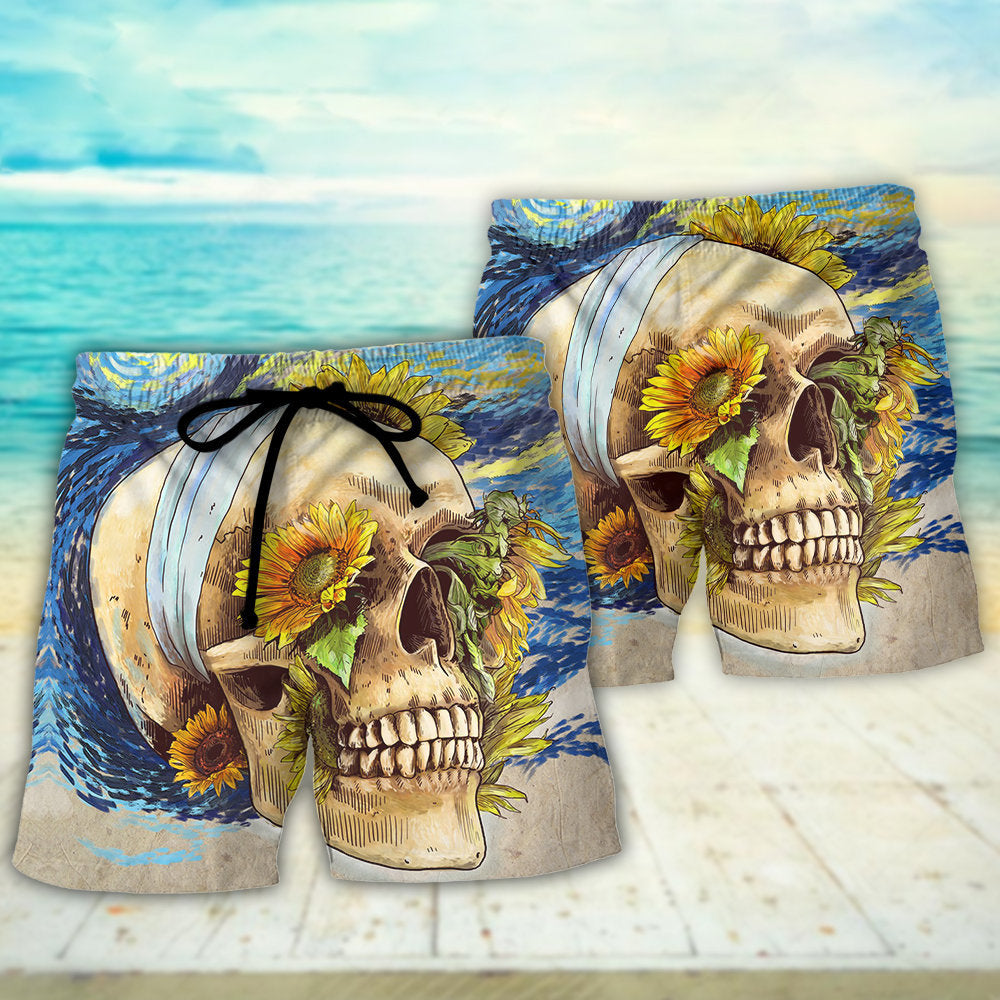 Skull And Sunflower Vintage Starry Beach Shorts For Coastal Adventures And Relaxed Summer Wear