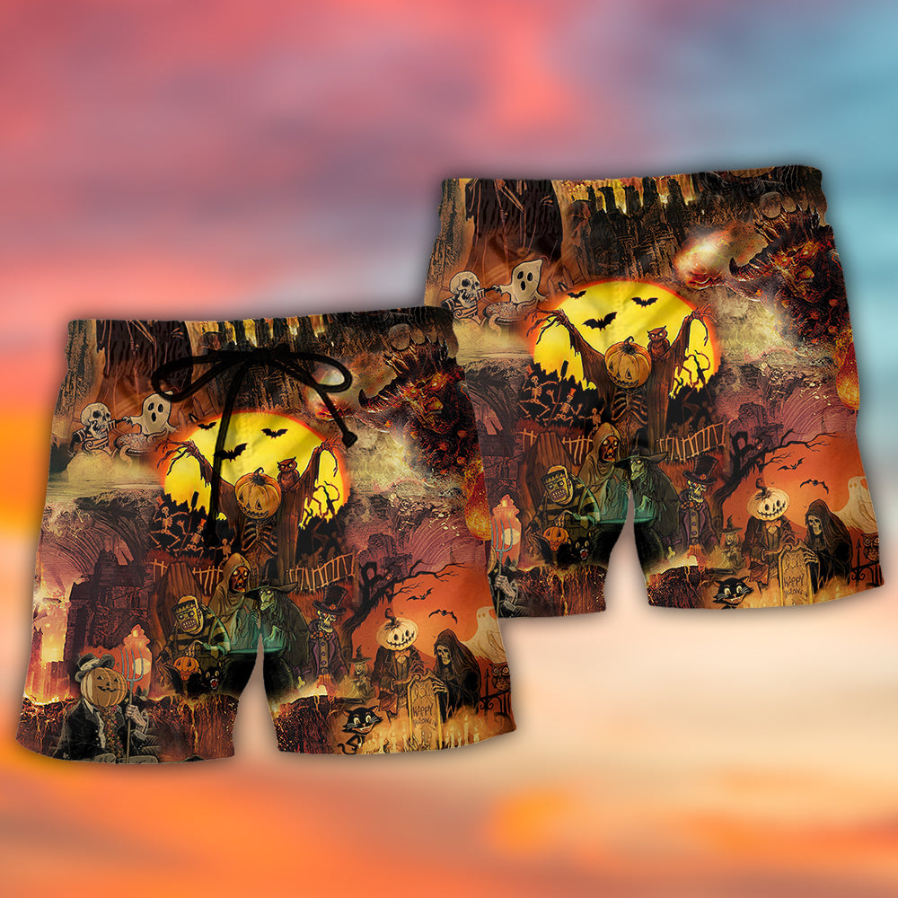 Halloween Night Pumpkin Ghost Scary Beach Shorts Pattern Detail For Summer Adventures And Everyday Comfort