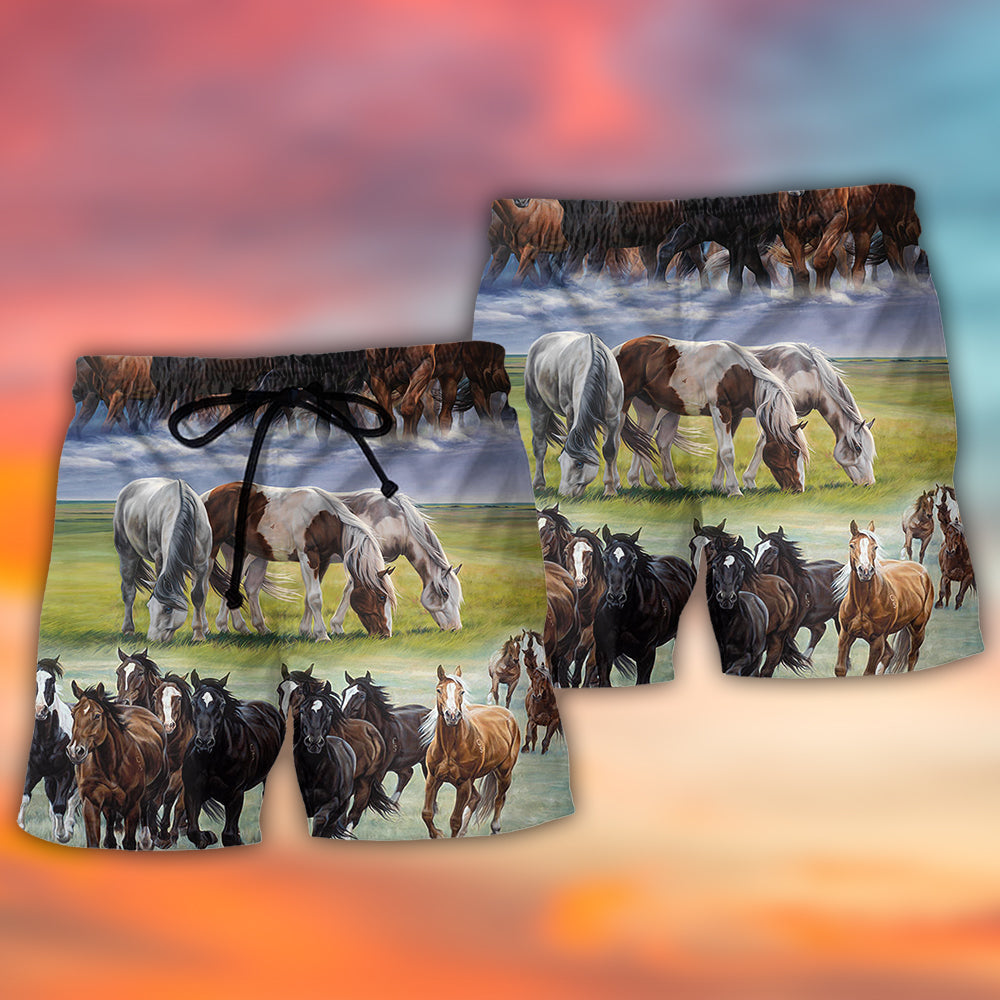 Running Horse Dynamic Painting Beach Shorts Artwork View For Seaside Trips And Casual Style