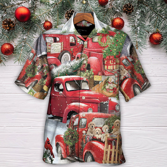 Red Cute Truck Christmas Tree Puppy Hawaiian Shirt For Beach Parties And Weekend Getaways