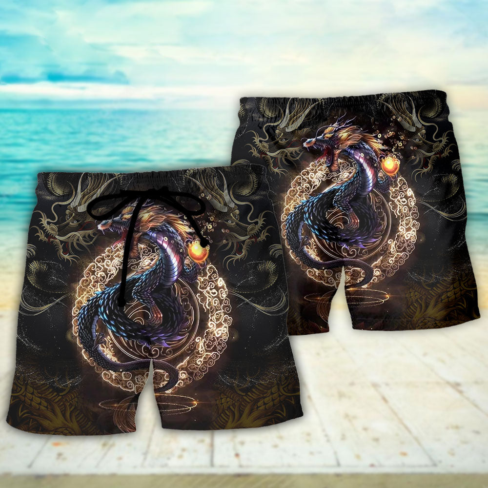 Golden Dragon Asian Myth Fantasy Beach Shorts Pattern View For Resort Days And Outdoor Activities