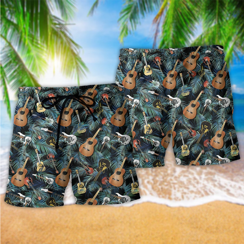 Tropical Leaf Guitar Beach Shorts Pattern Detail For Relaxed Weekends And Laid Back Styling