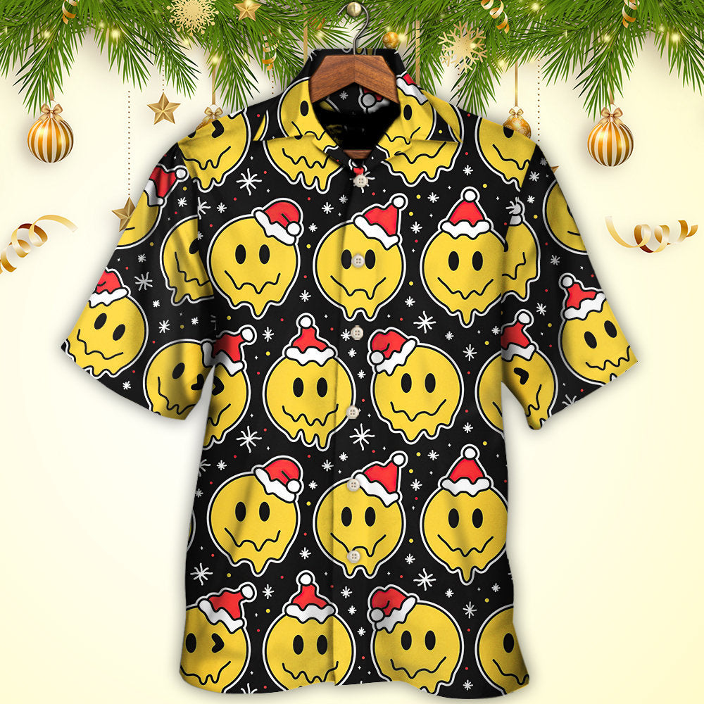 Happy Christmas Smiling Face Santa Hat Hawaiian Shirt For Beach Parties And Weekend Getaways