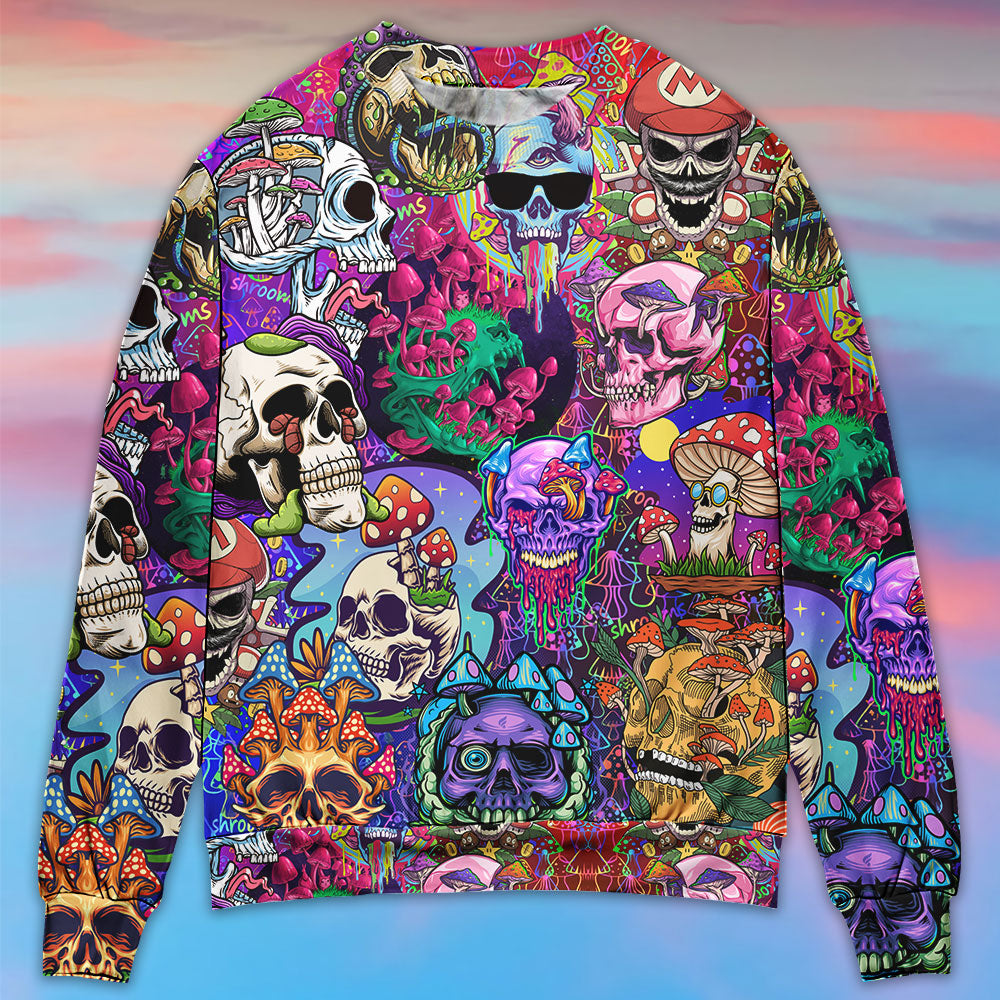 Hippie Mushroom And Skull Colorful Sweater For Art Fans Travel Parties And Distinctive Casual Style