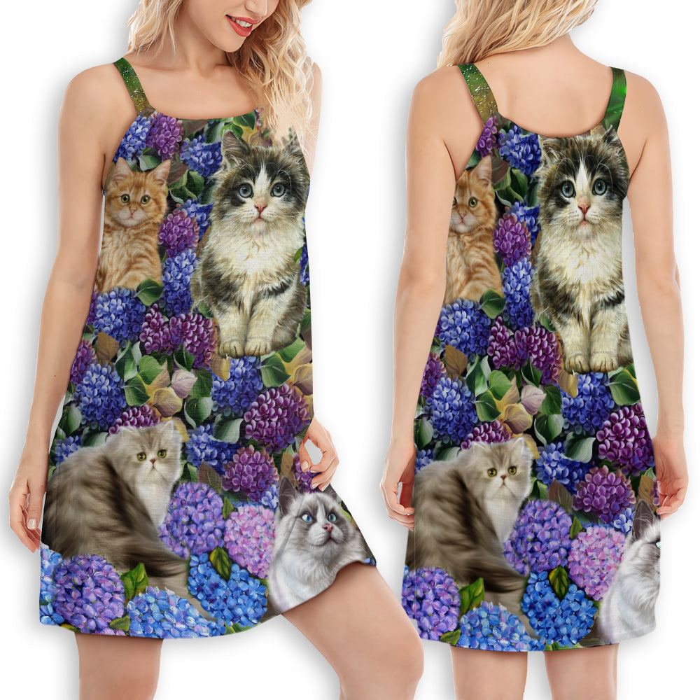 Cat And Purple Flowers V-Neck Sleeveless Cami Dress For Outdoor Events And Thoughtful Gifting