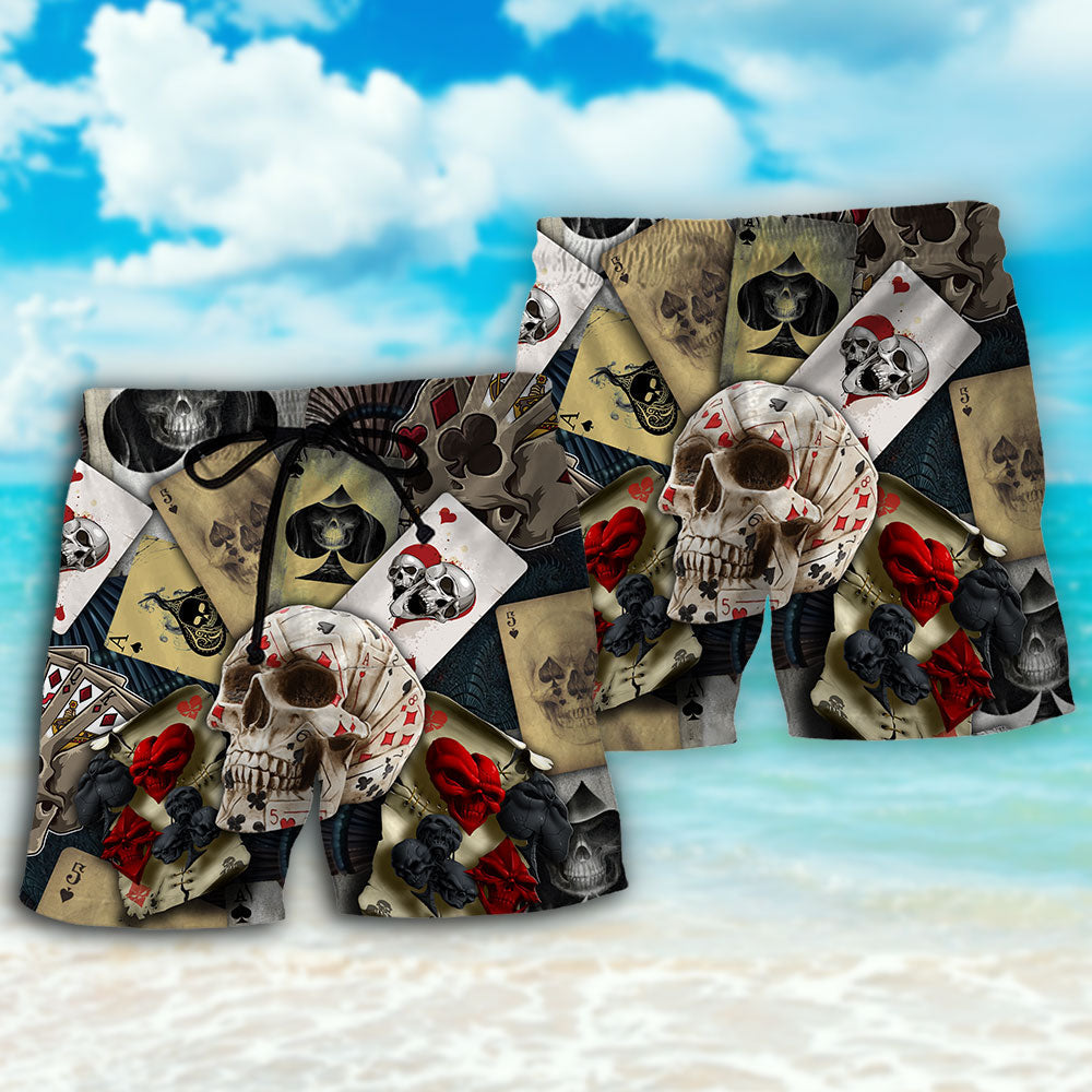Retro Skull Gambling Card Beach Shorts Pattern Detail For Resort Wear And Leisure And Relaxation