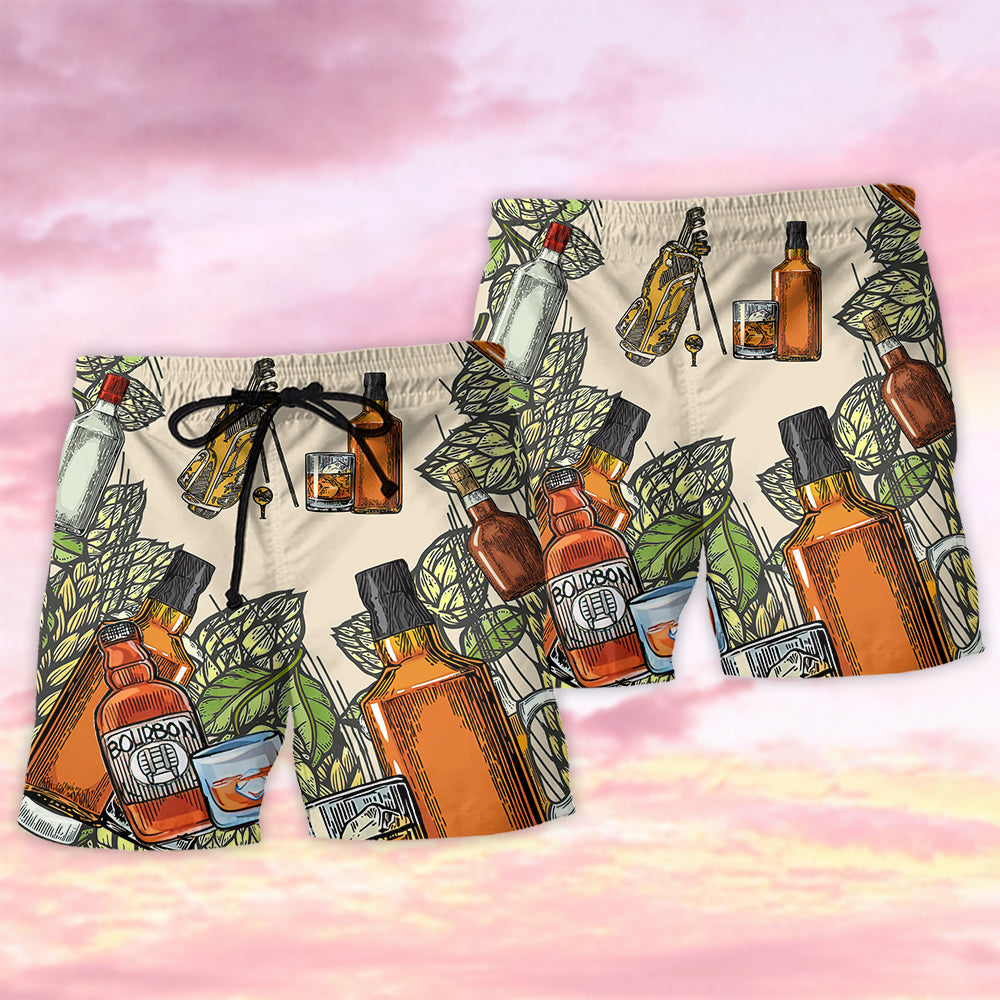 Golf And Bourbon Lover Beach Shorts Pattern View For Vacation Travel And Outdoor Fun