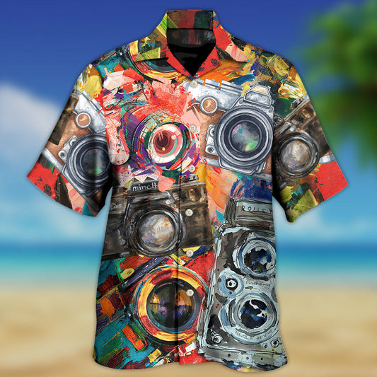 Retro Creative Colorful Camera Design Hawaiian Shirt Collar And Front View For Island Holidays