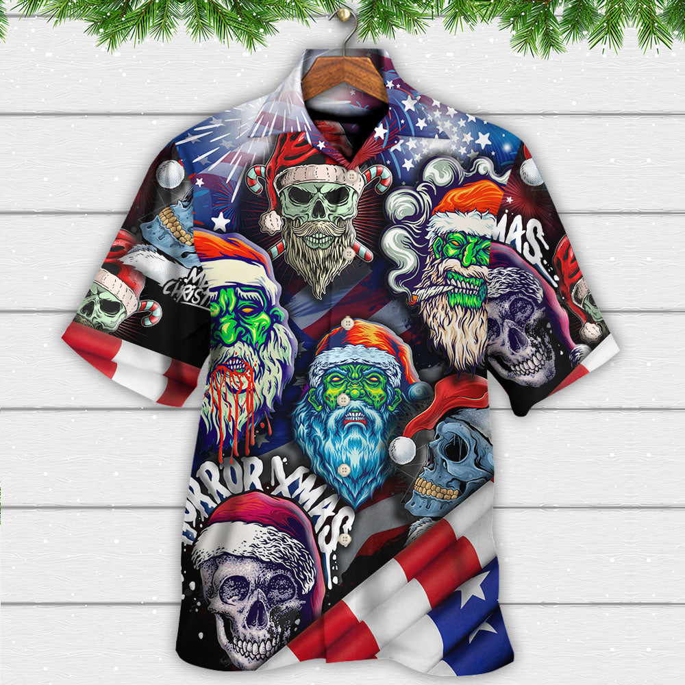 Skull Christmas US Flag Skeleton Hawaiian Shirt For Summer Vacation And Beach Travel