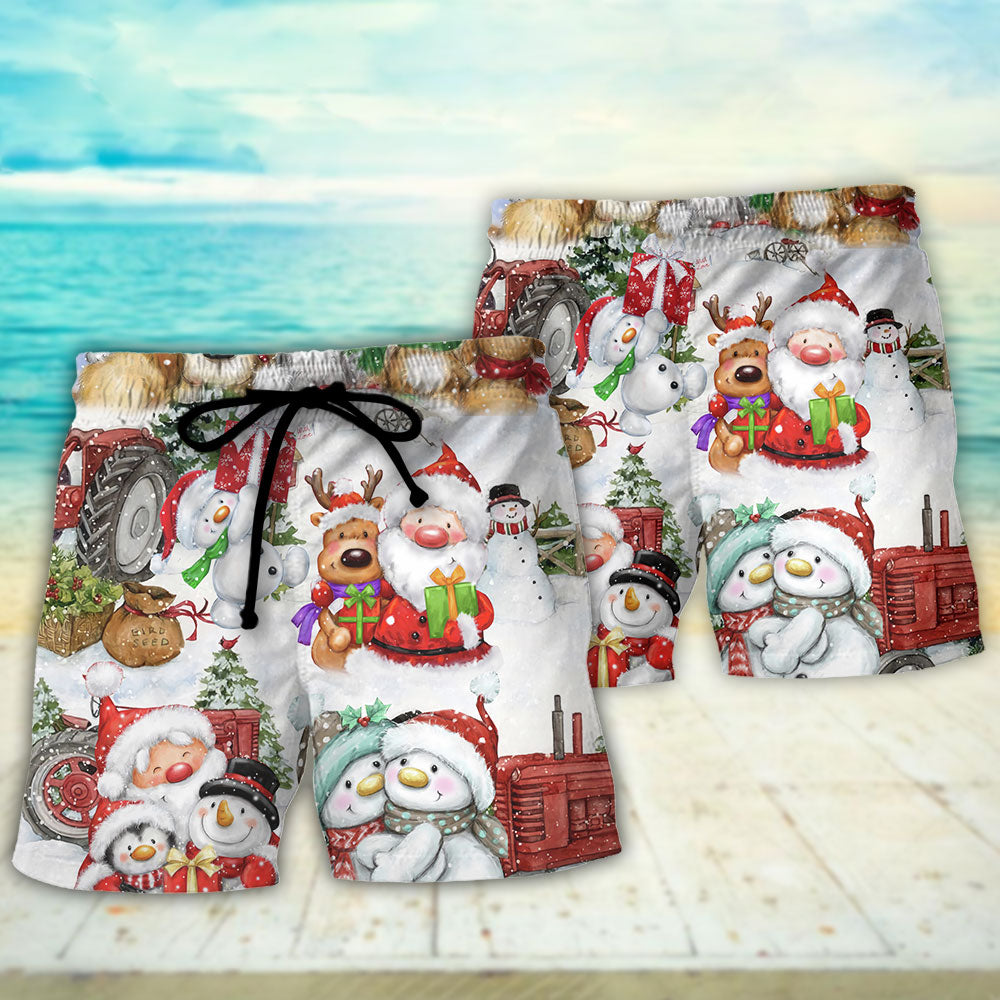 Santa And Snowman Christmas Together Beach Shorts Design Detail For Casual Warm Weather Outfits