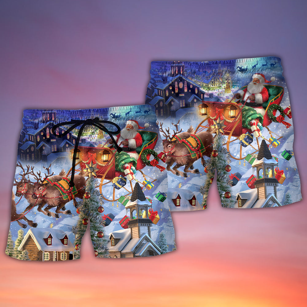 Santa And Reindeer Gift Light Beach Shorts Artwork Detail For Comfortable Everyday Summer Wear