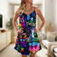 Cool DJ Cat Life V-Neck Sleeveless Cami Dress For Festival Weekends Parties And Artistic Everyday Outfits