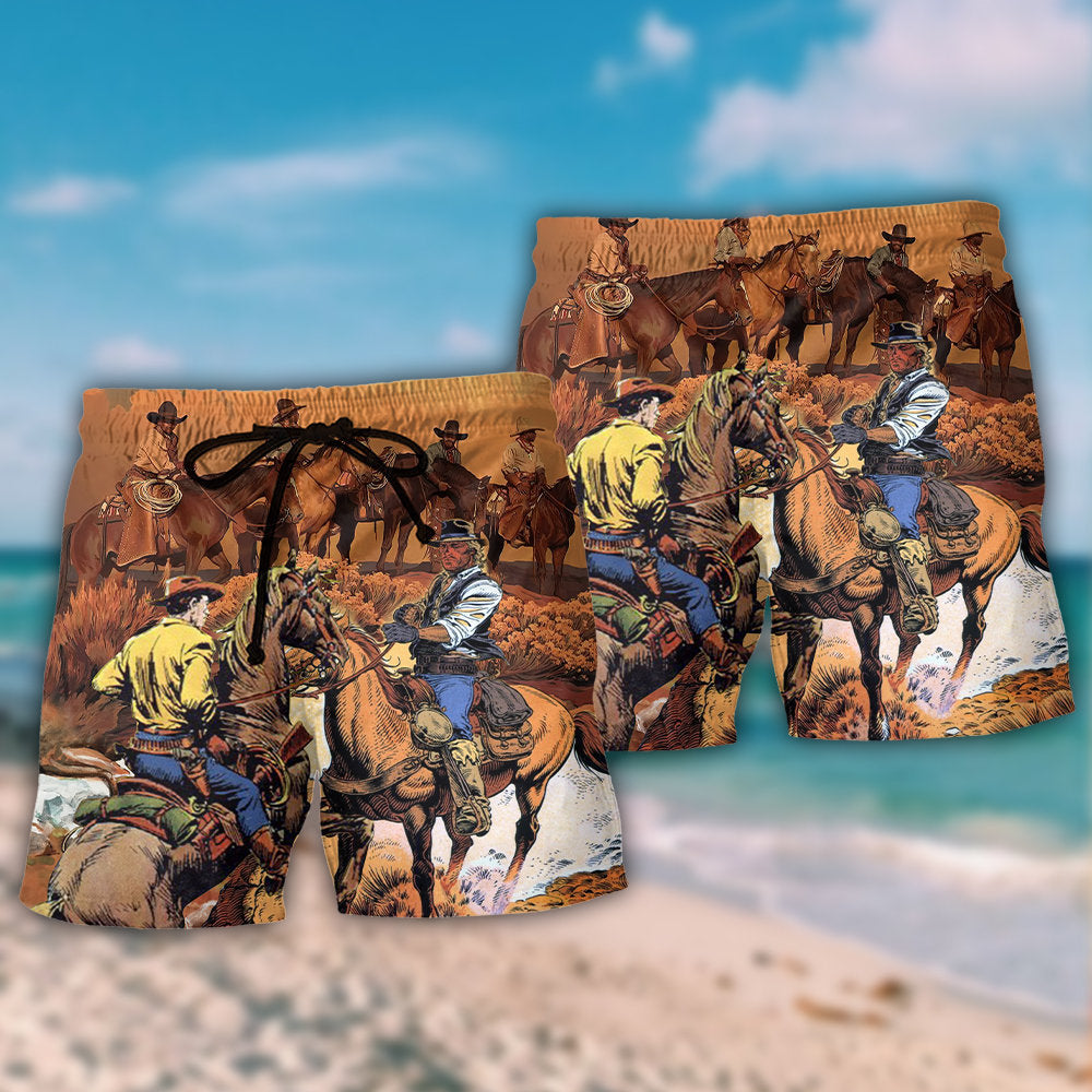 Western Cowboy Riding Horse Classic Beach Shorts Artwork Detail For Comfortable Everyday Summer Wear
