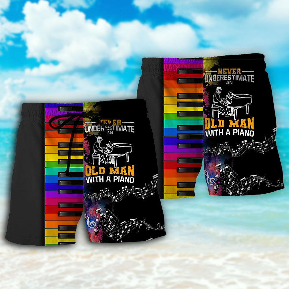 Piano Never Underestimate Old Man Beach Shorts Pattern View For Vacation Travel And Outdoor Fun