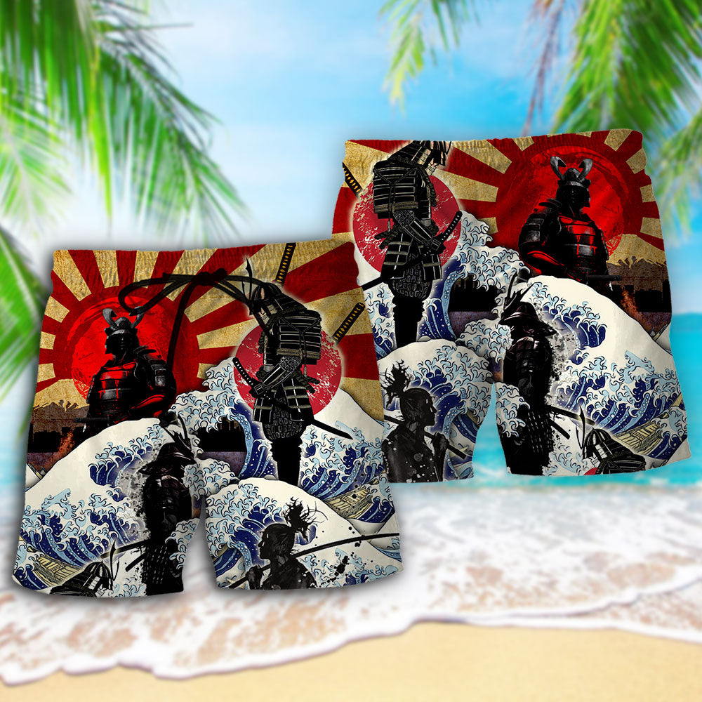 Samurai Red Sun Wave Beach Shorts Pattern Detail For Weekend Travel And Easy Warm Weather Wear