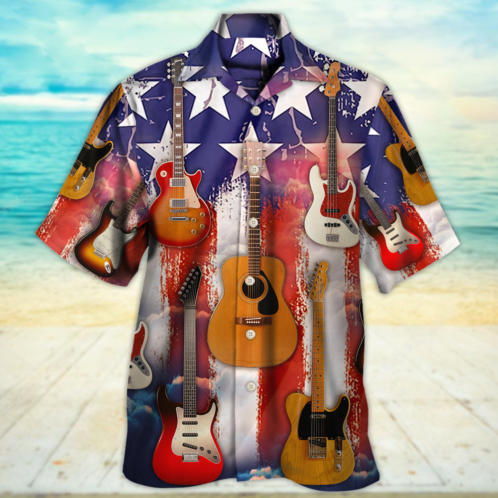 Guitar Independence Day Star American Hawaiian Shirt Design View For Resort Travel And Thoughtful Gifting