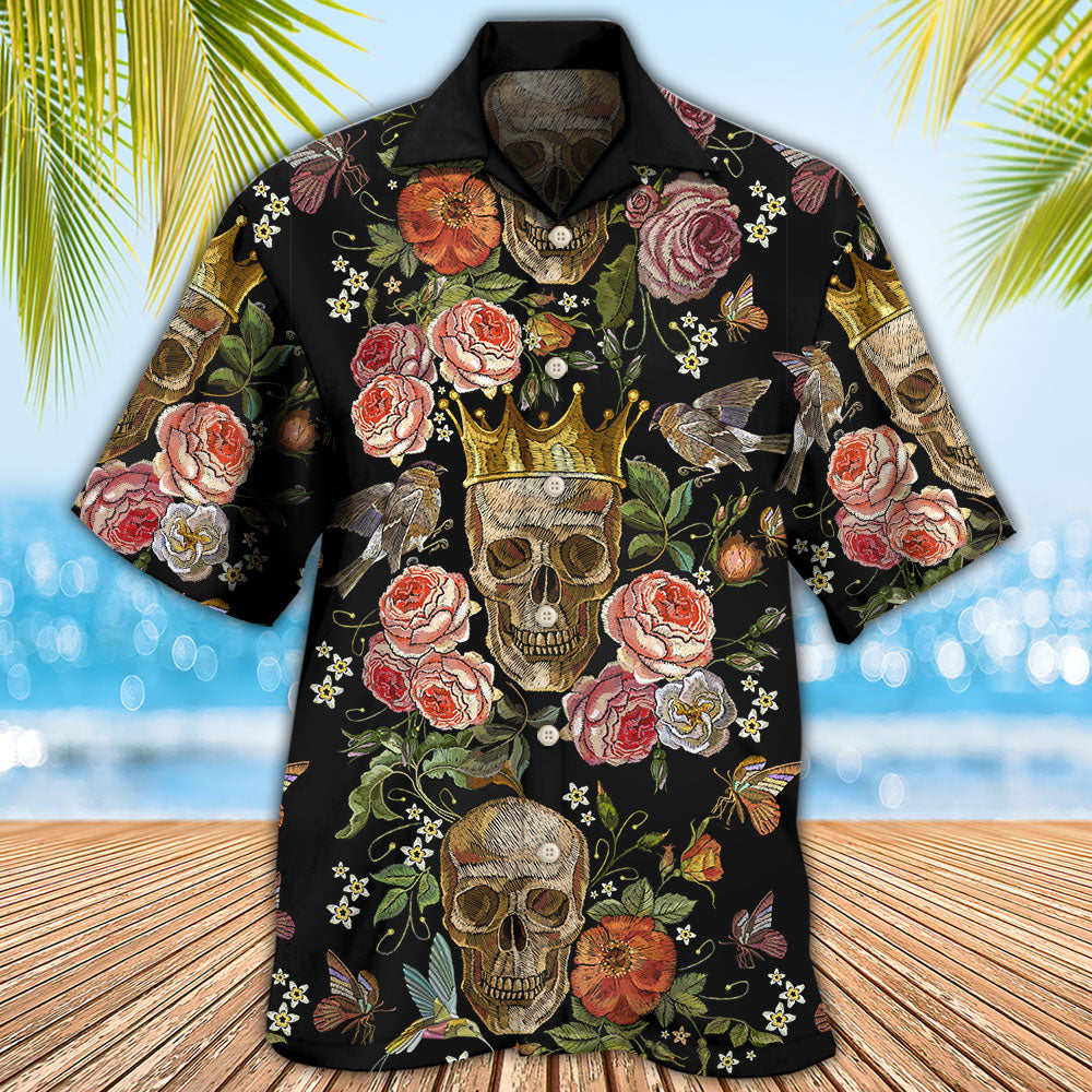 Dark Floral Skull Hawaiian Shirt Graphic Artwork Detail For Coastal Travel