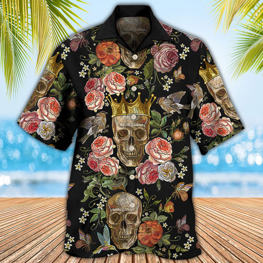 Dark Floral Skull Hawaiian Shirt Graphic Artwork Detail For Coastal Travel