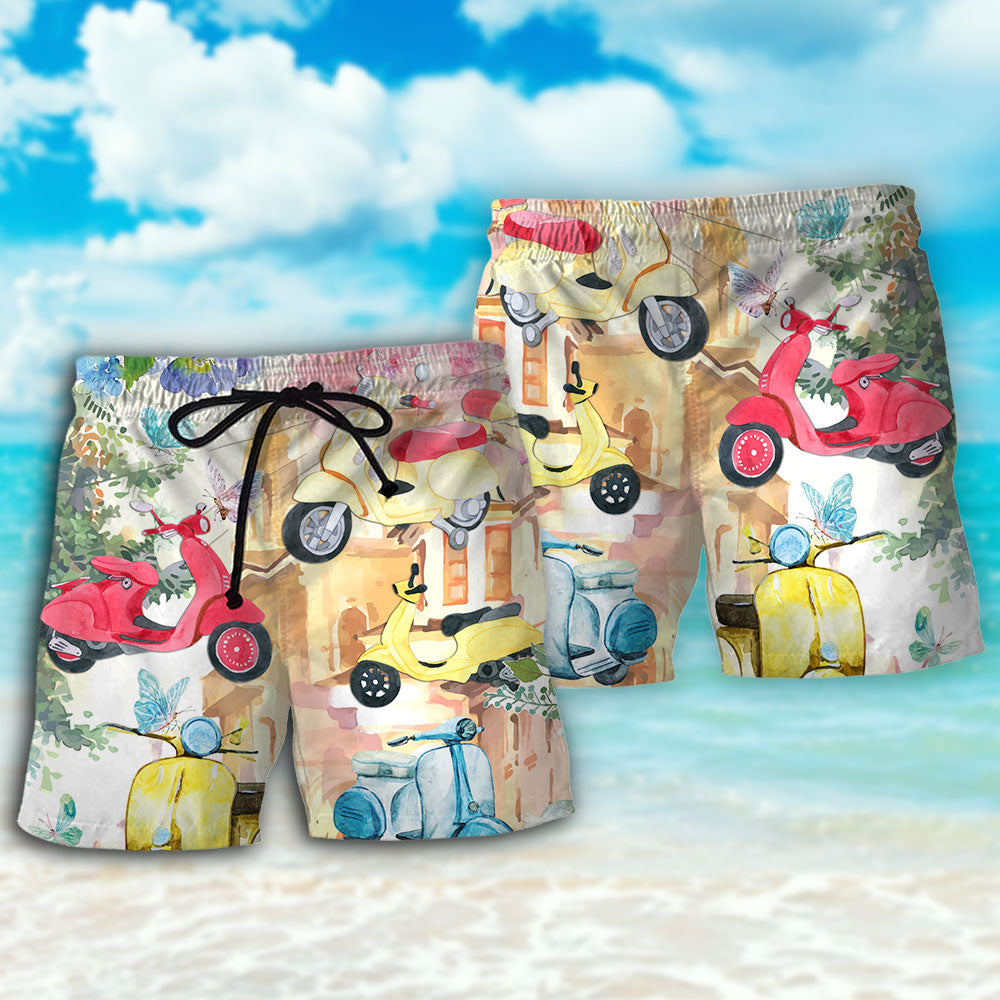 Scooter Floral Watercolor Beach Shorts Pattern Detail For Cruise Vacations And Lightweight Summer Style
