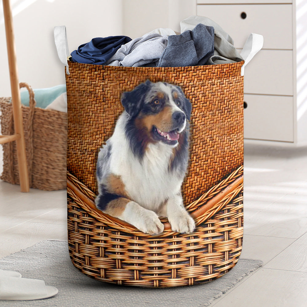Australian Shepherd Dog Rattan Texture Laundry Basket For Room Home Organizer