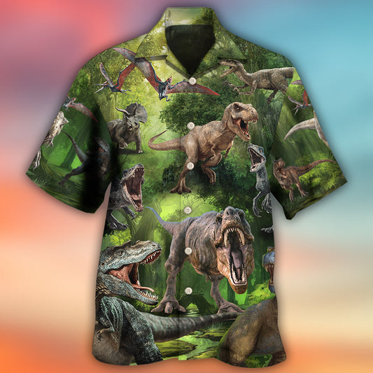 Dinosaur Forest Hawaiian Shirt Artwork Detail For Tropical Trips And Casual Outings