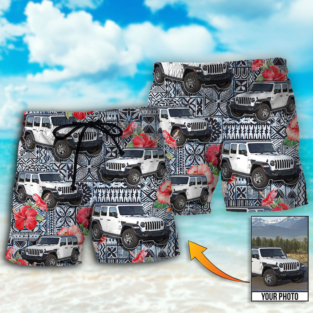 Car Floral Various Style Personalized Photo Beach Shorts Artwork Detail For Tropical Travel And Everyday Wear