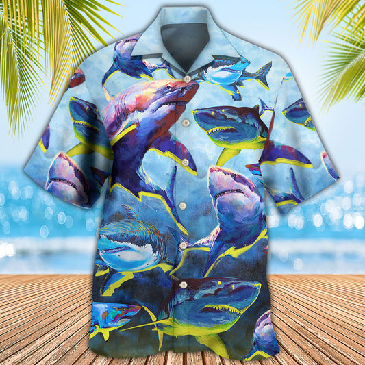 Shark Family Ocean Blue Yellow Glow Hawaiian Shirt All Over Print Detail For Outdoor Gatherings