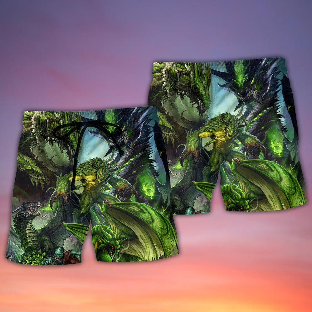 Green Dragon Skull Fantasy Beach Shorts Design View For Poolside Relaxation And Holiday Trips