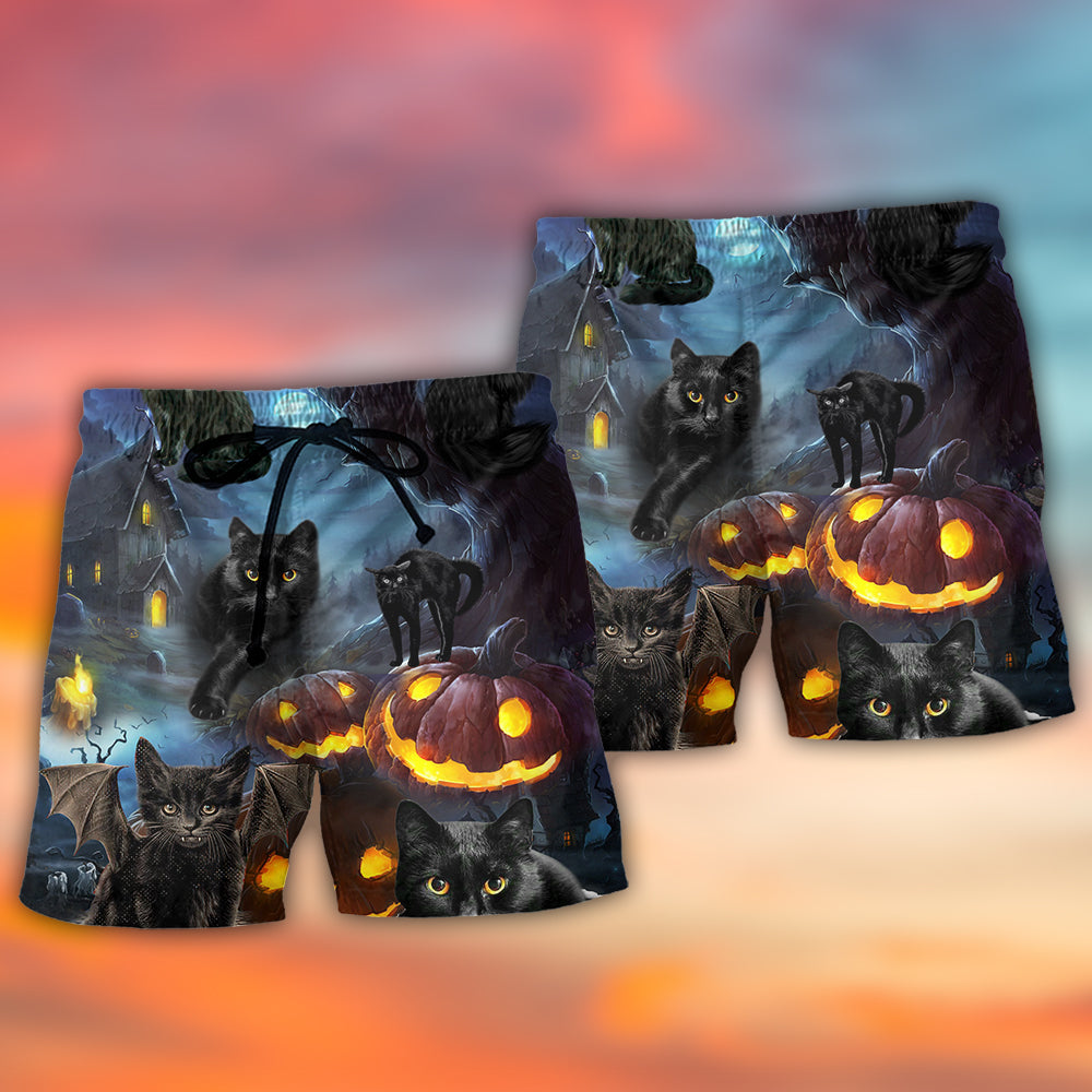 Halloween Black Cat Dark Night Pumpkin Beach Shorts Pattern Detail For Outdoor Activities And Comfortable Daily Wear