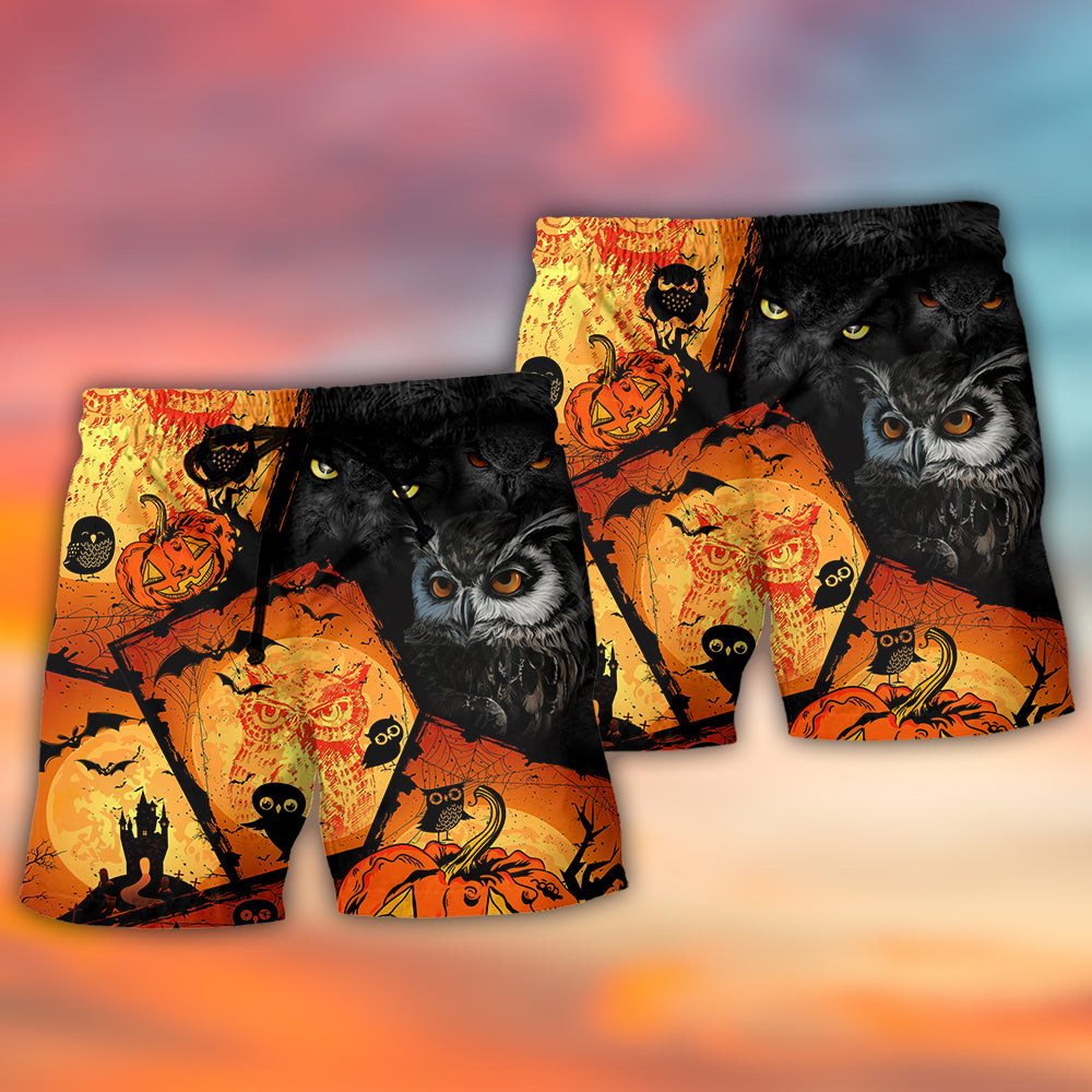 Owl Pumpkin Halloween Beach Shorts Pattern Detail For Holiday Travel And Easygoing Coastal Style