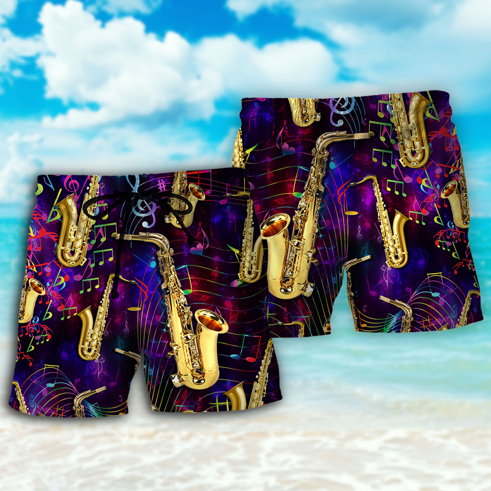 Neon Saxophone Music Beach Shorts Pattern Detail For Coastal Travel And Comfortable Resort Style