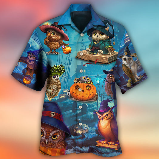 Halloween Owl Witch Night Sky Hawaiian Shirt Pattern View For Relaxed Warm Weather Outfits