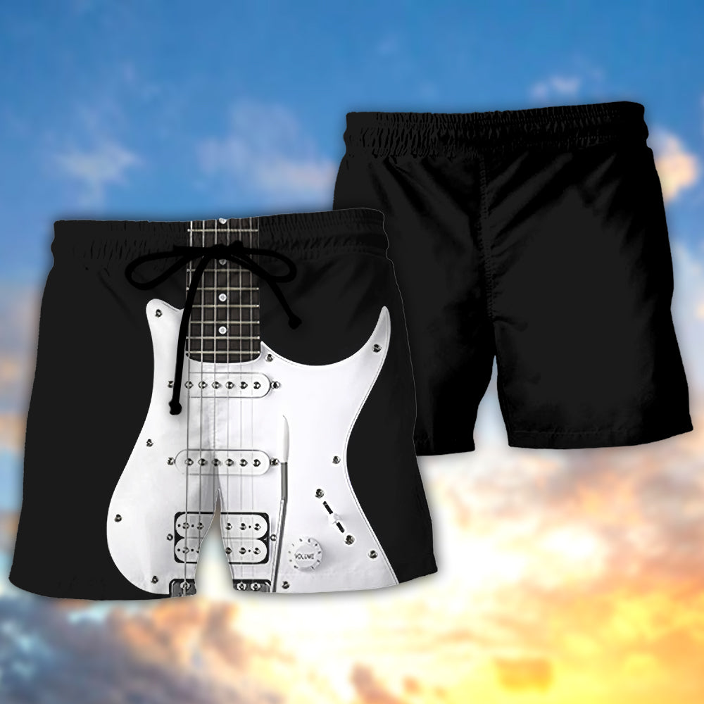 Black Electric Guitar Beach Shorts Pattern View For Resort Days And Outdoor Activities