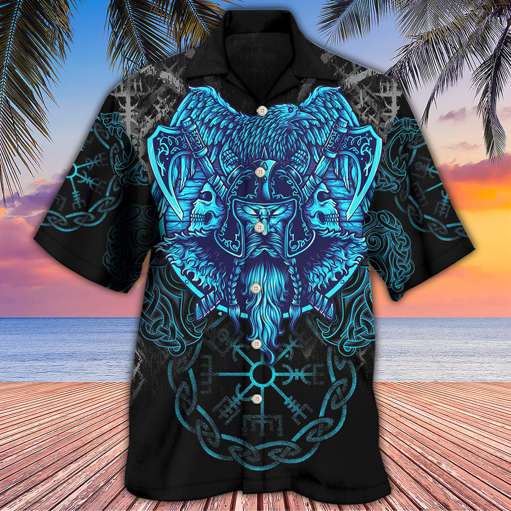 Blue Norse Warrior King Hawaiian Shirt Artwork Detail For Tropical Trips And Casual Outings