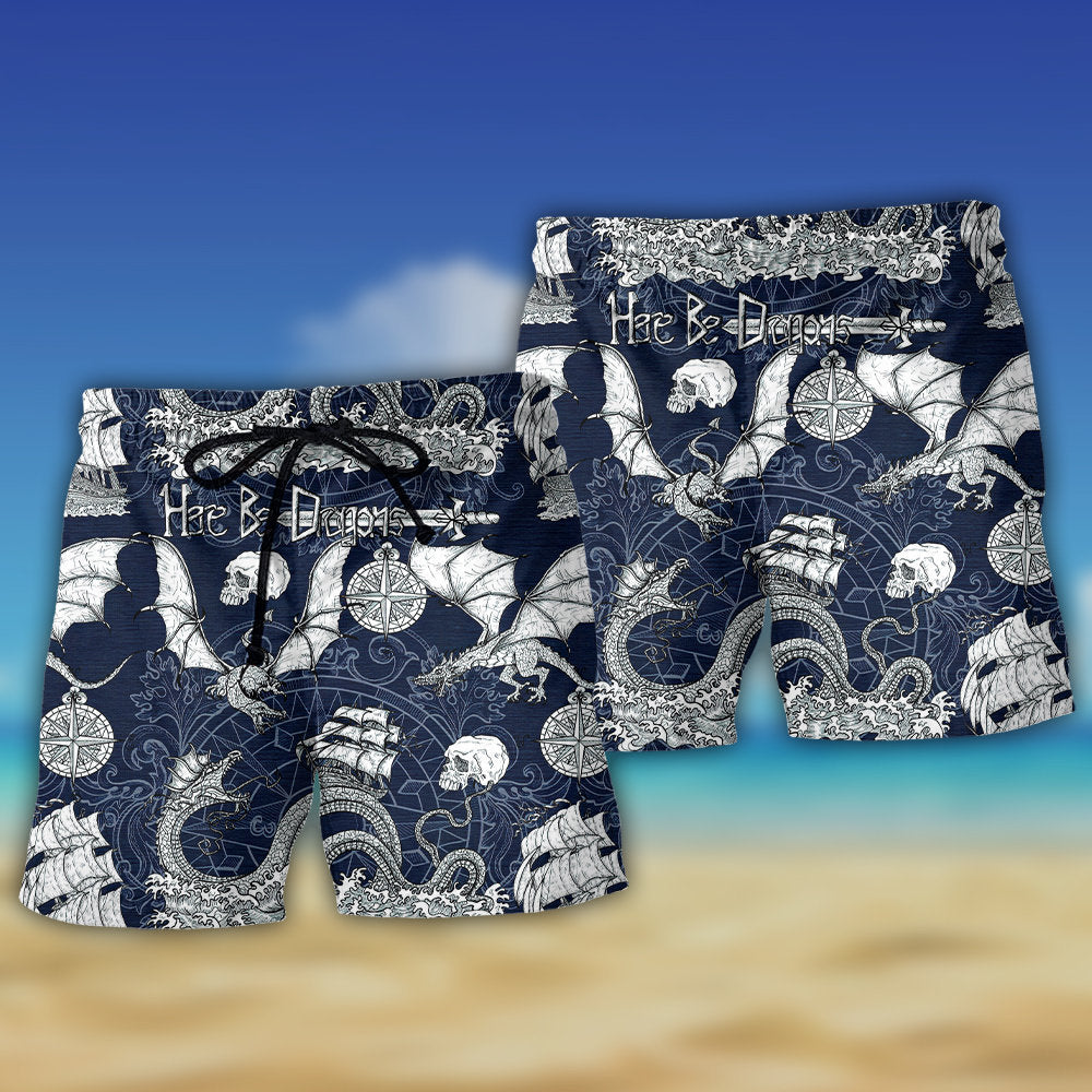 Dragon Skull Old Ship Sea Fantasy Beach Shorts Design View For Comfortable Resort And Beach Styling