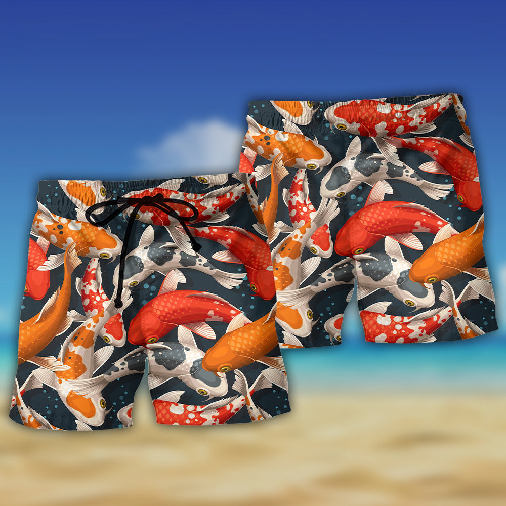 Colorful Koi Fish Swimming Beach Shorts Design View For Summer Events And Coastal Getaways