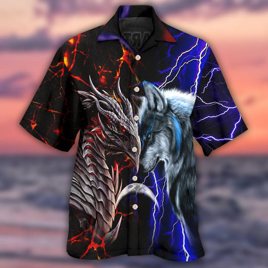 Fantasy Dragon Wolf Red Blue Hawaiian Shirt Button Front Artwork For Weekend Trips