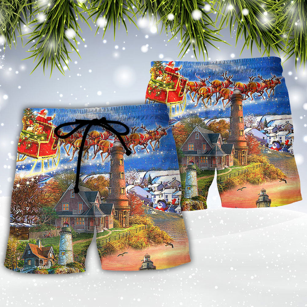 Christmas Lighthouse Shine Bright Beach Shorts Pattern View For Coastal Holidays And Casual Activities