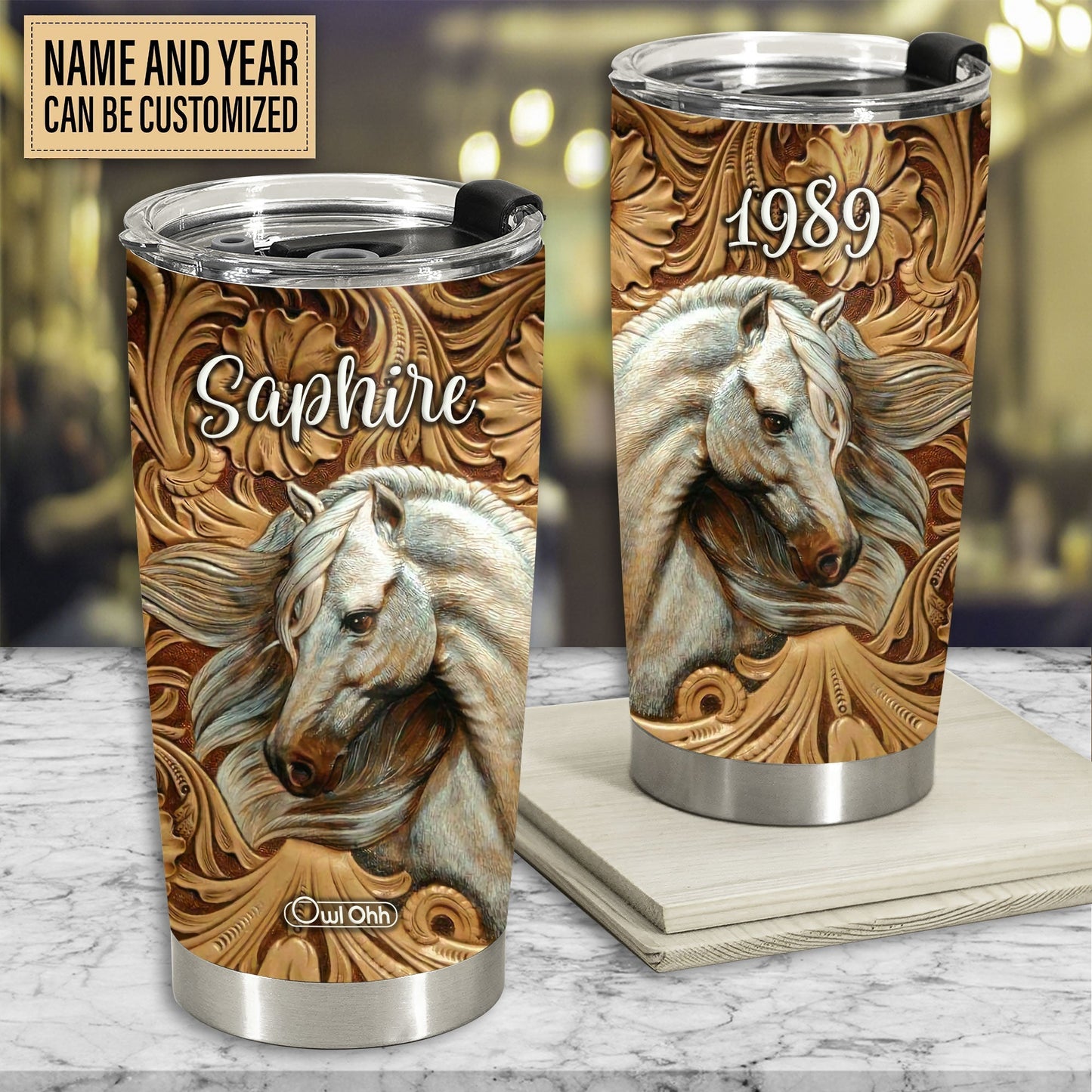 Horse And Floral Leather Personalized 20 Oz Tumbler For Coffee Travel And Daily Drinks