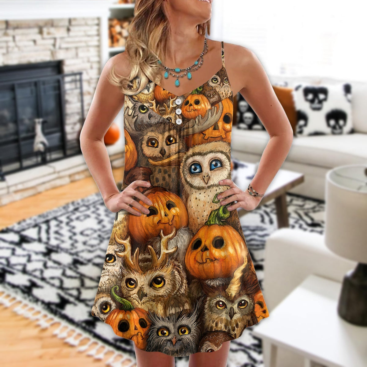 Halloween Owl Pumpkin Pattern V-Neck Sleeveless Cami Dress For Spooky Season Events And Relaxed Casual Styling
