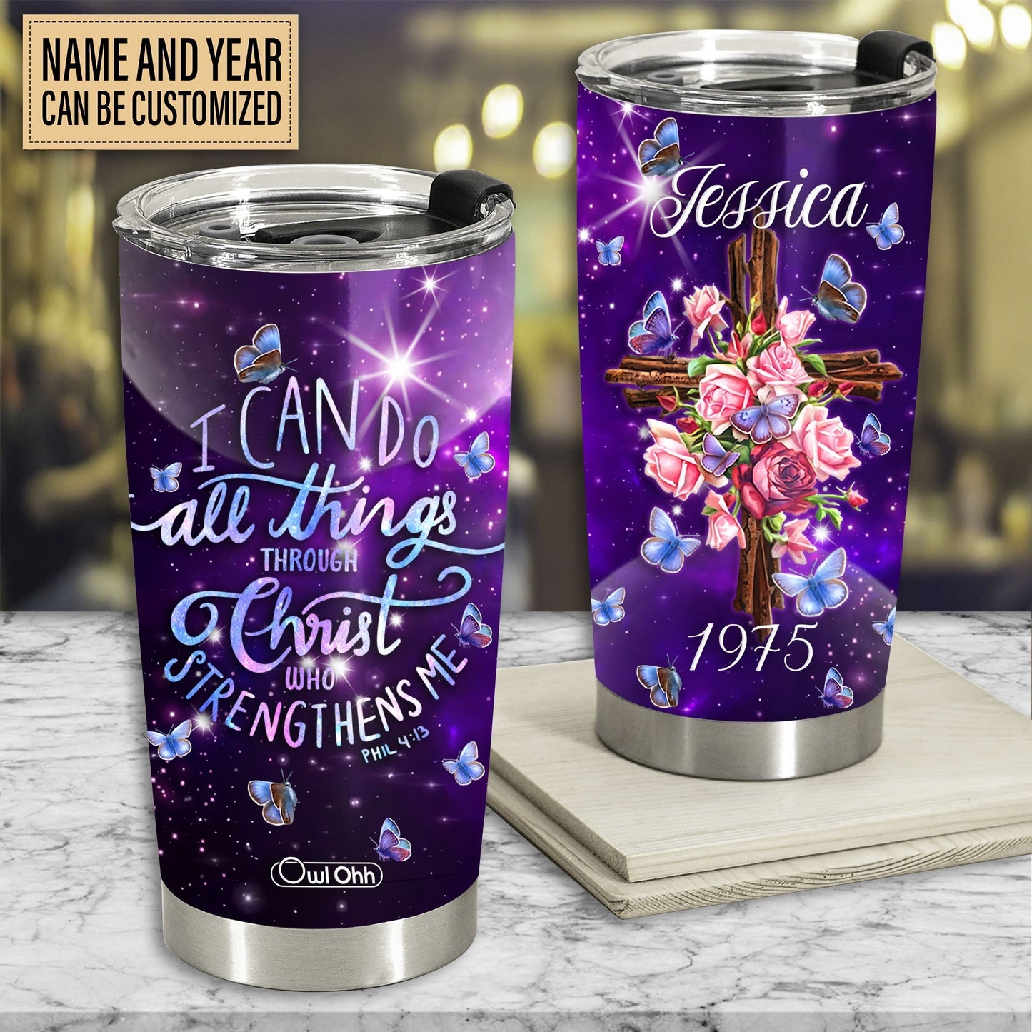 Cross I Can Do Anything Floral And Butterfly Galaxy Art Personalized 20 Oz Tumbler For Coffee Travel And Daily Drinks