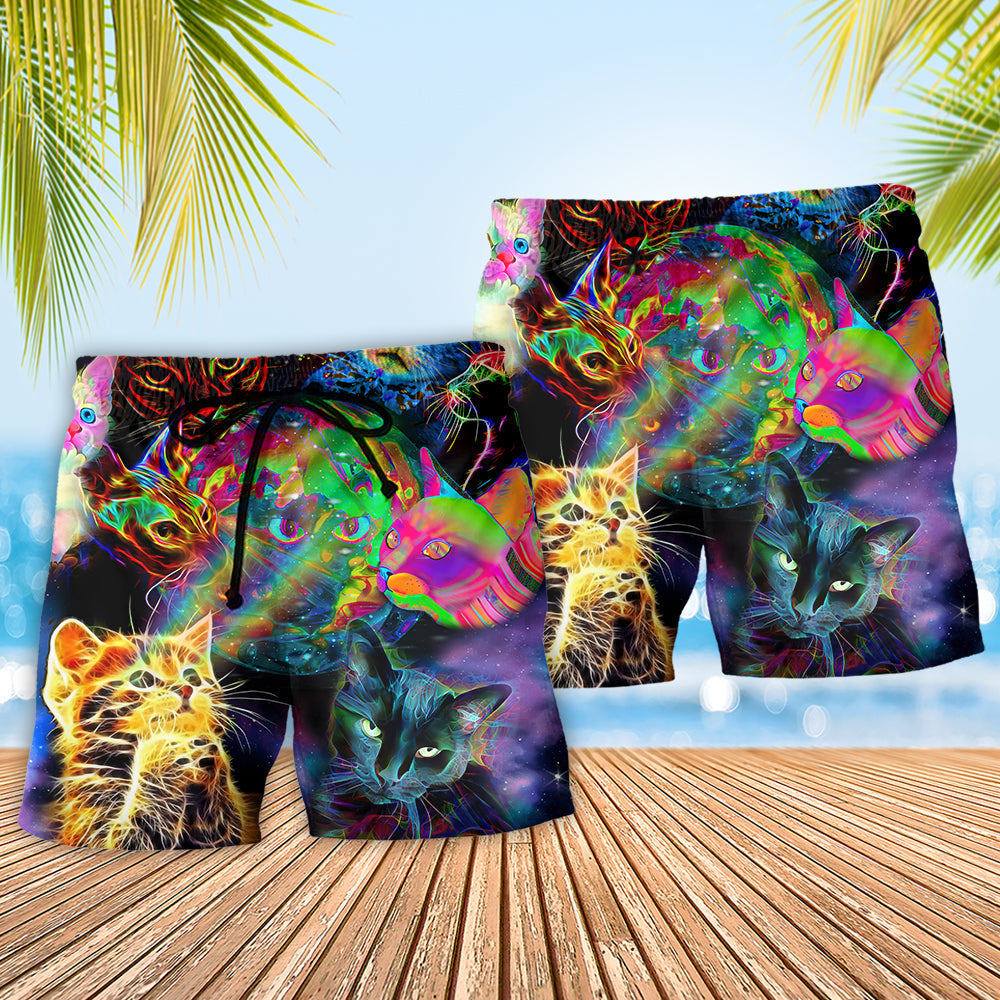 Psychedelic Cat Neon Galaxy Beach Shorts Print View For Coastal Escapes And Casual Outings