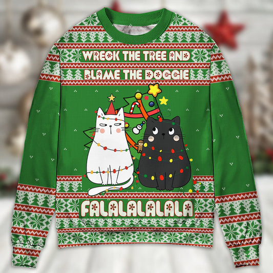 Cat Wrecks Tree Meowy Christmas Sweater For Winter Parties Seasonal Adventures And Relaxed Everyday Styling
