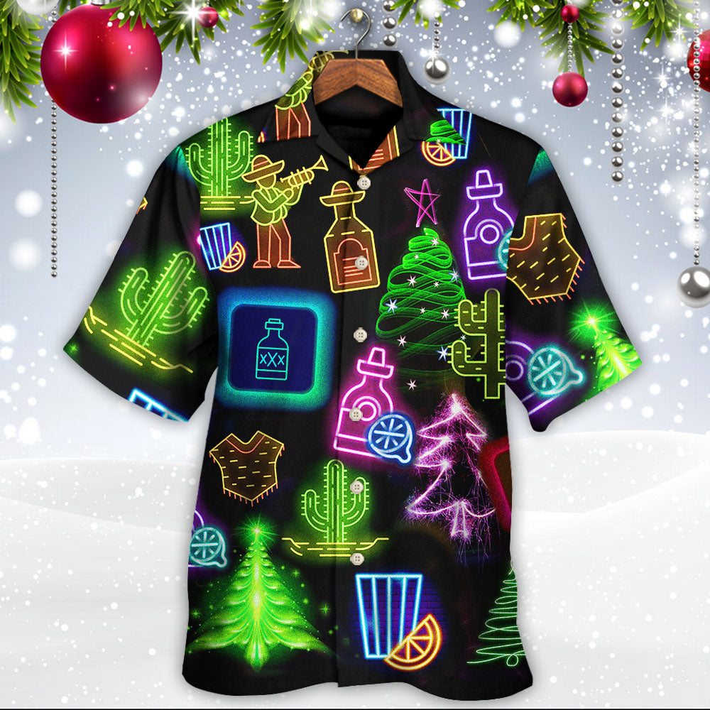 Neon Wine Tequila Christmas Drinking Hawaiian Shirt Pattern Detail For Vacation Travel And Daily Wear