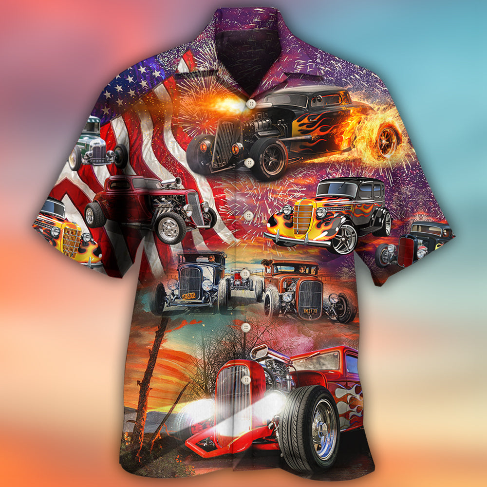 Happy Hot Rod Independence Day Firework Hawaiian Shirt For Vacation Days And Relaxed Coastal Outings