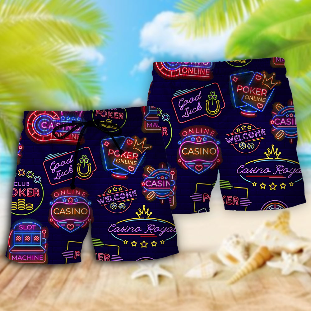 Neon Poker Casino Beach Shorts Pattern Detail For Weekend Travel And Easygoing Coastal Style