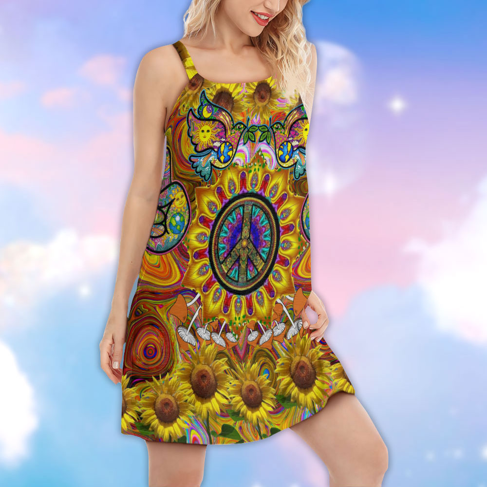 Hippie Sunflowers Love Sunshine V-Neck Sleeveless Cami Dress For Beach Travel And Free Spirited Outfits